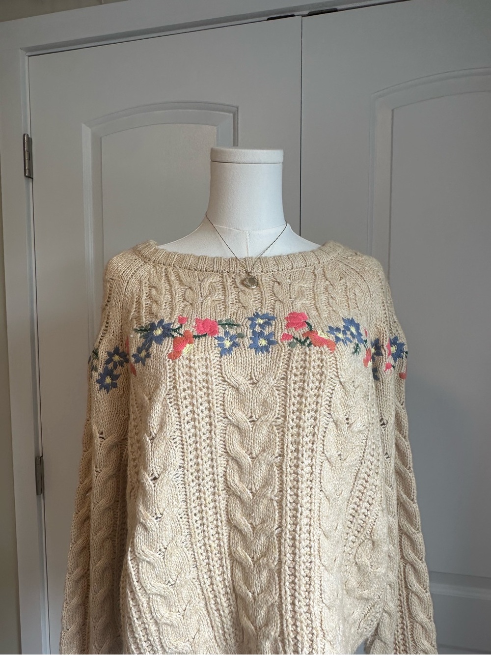 Boho & Floral Cream Tan Cable-Knit Sweater with Blue and Pink Floral Embroidery
